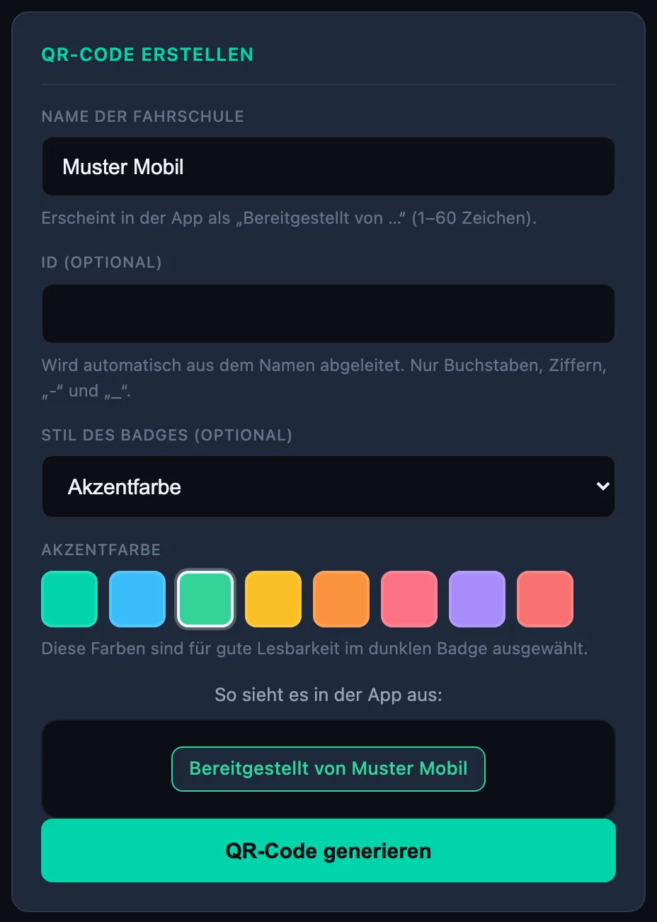 QR-Generator mit Namen, Stil, Farbe und Vorschau