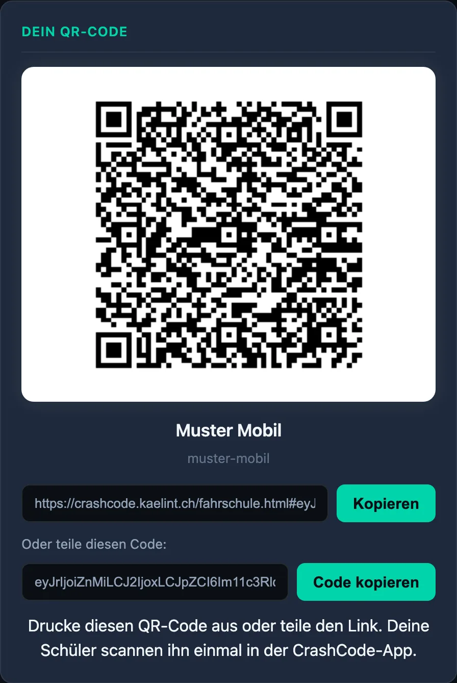 Generierter QR-Code mit Link und Code zum Kopieren